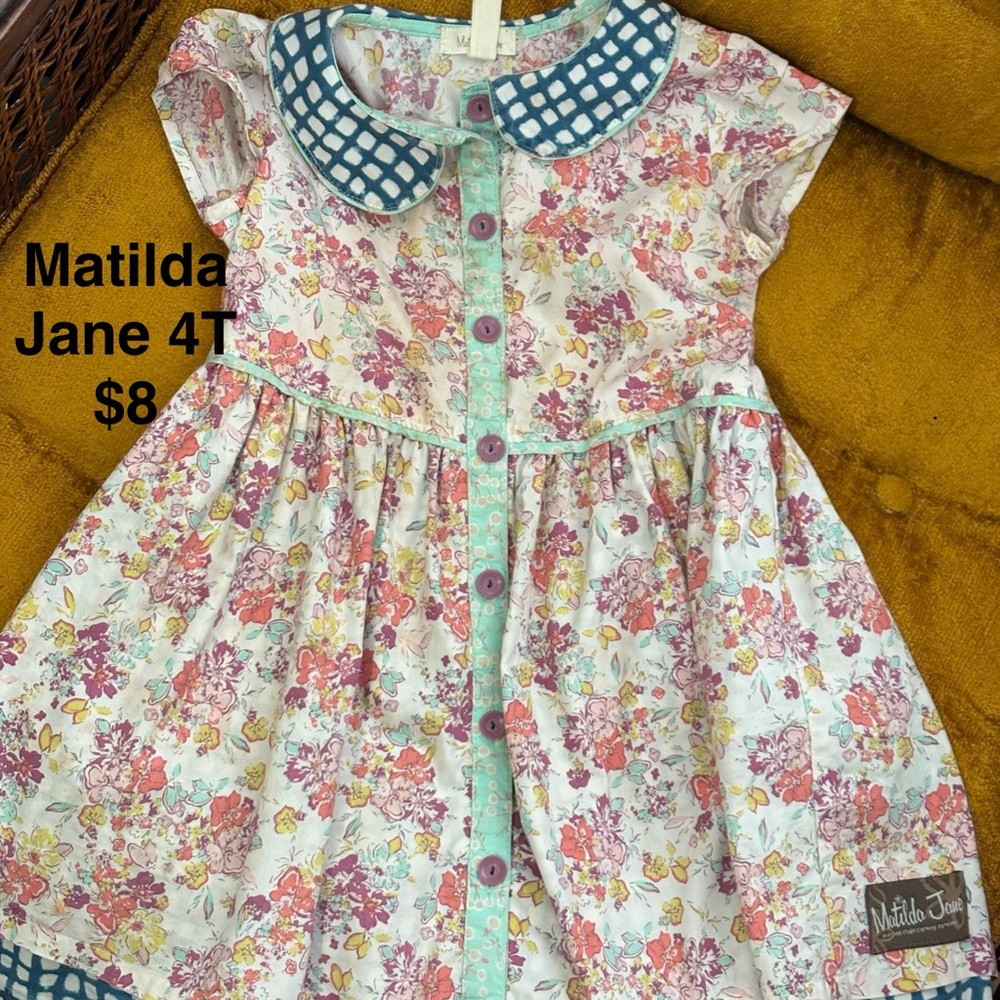 Matilda Jane Pink and Blue Sundress with Flutter Sleeves and Peter Pan Collar